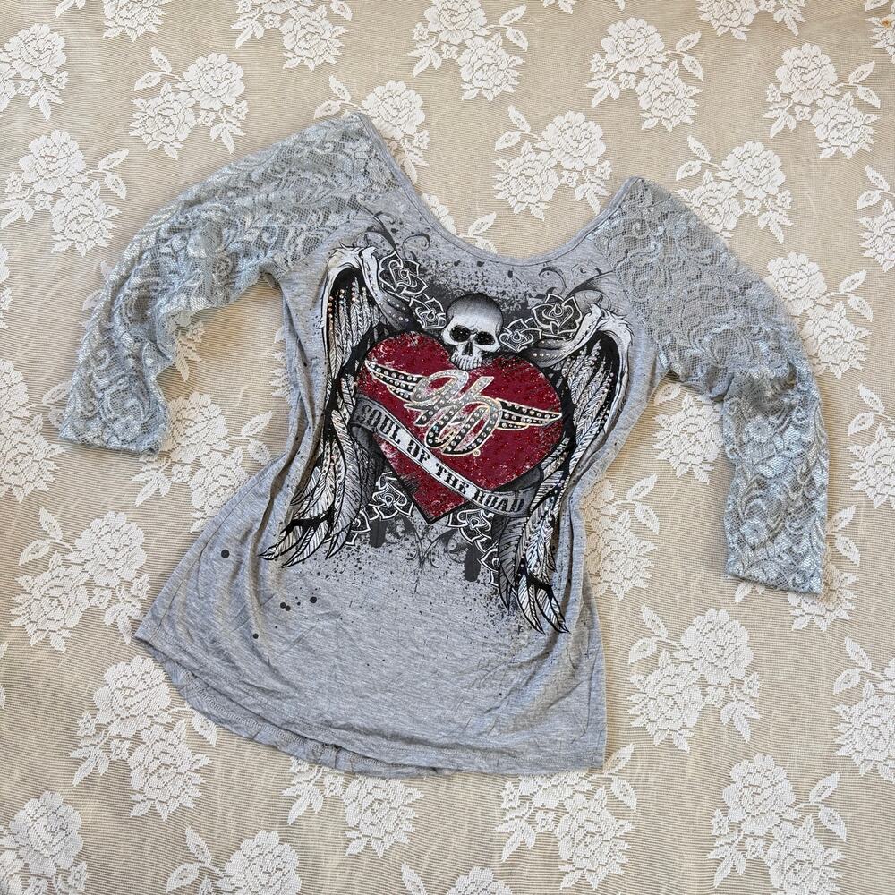 Harley-Davidson Rhinestone Skull Lace Sleeve Top Size M